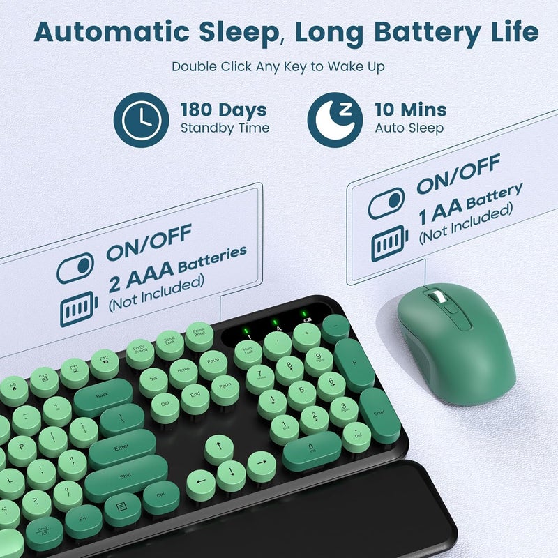 SABLUTE Wireless Keyboard and Mouse Combo-Round Keycaps, Full-Size Retro Typewriter Keyboard with Detachable Wrist Rest, Sleep Mode & Tilt Legs, 2.4GHz Cordless Connection for Mac/Windows/PC (Black & Green) - Image 4